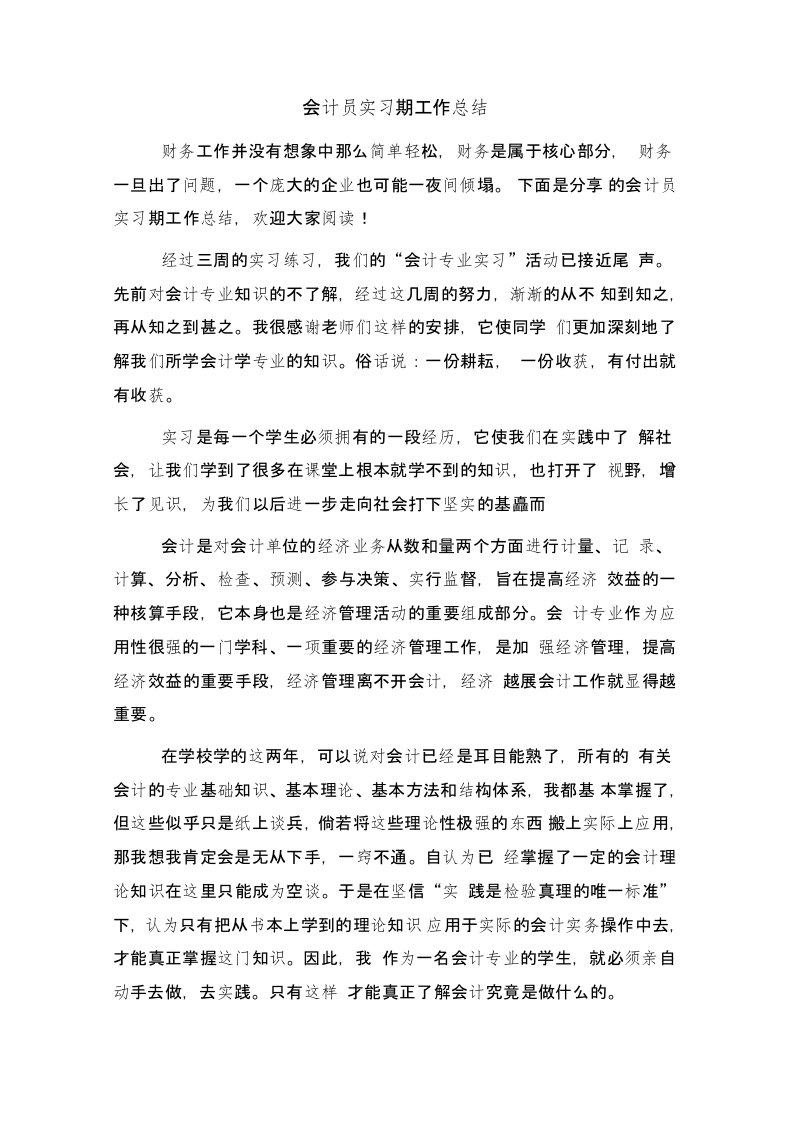 会计员实习期工作总结