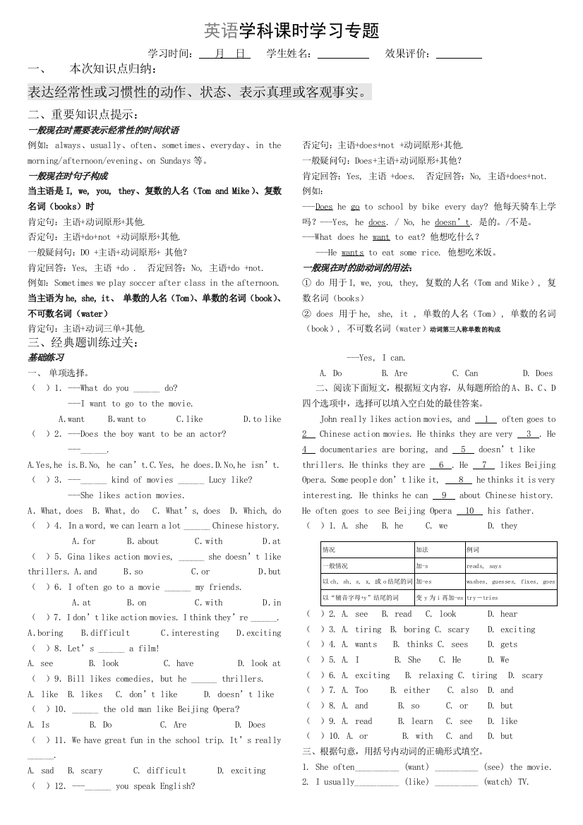 【小学中学教育精选】小学英语一般现在时(二)知识点及练习题