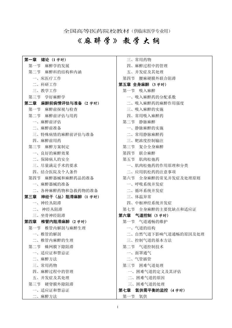 《麻醉学》教学大纲