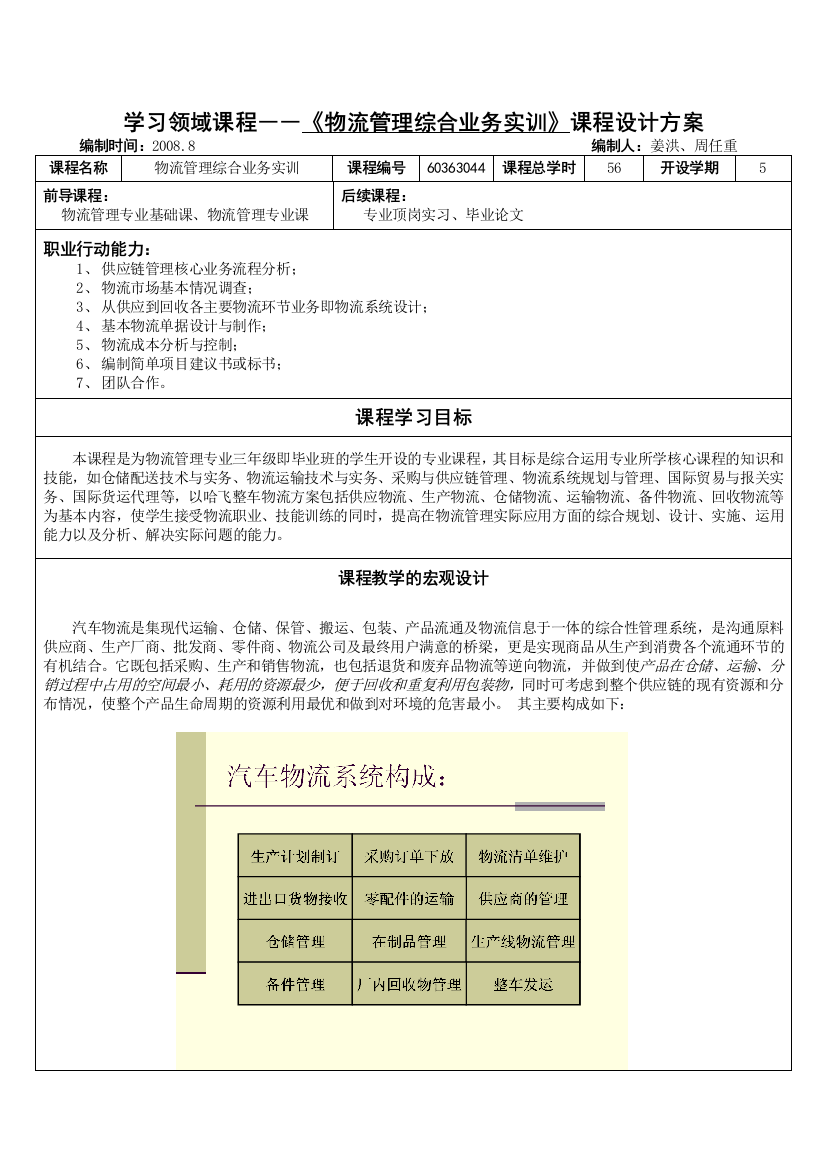 学习领域课程――物流管理综合业务实训课程设计方案