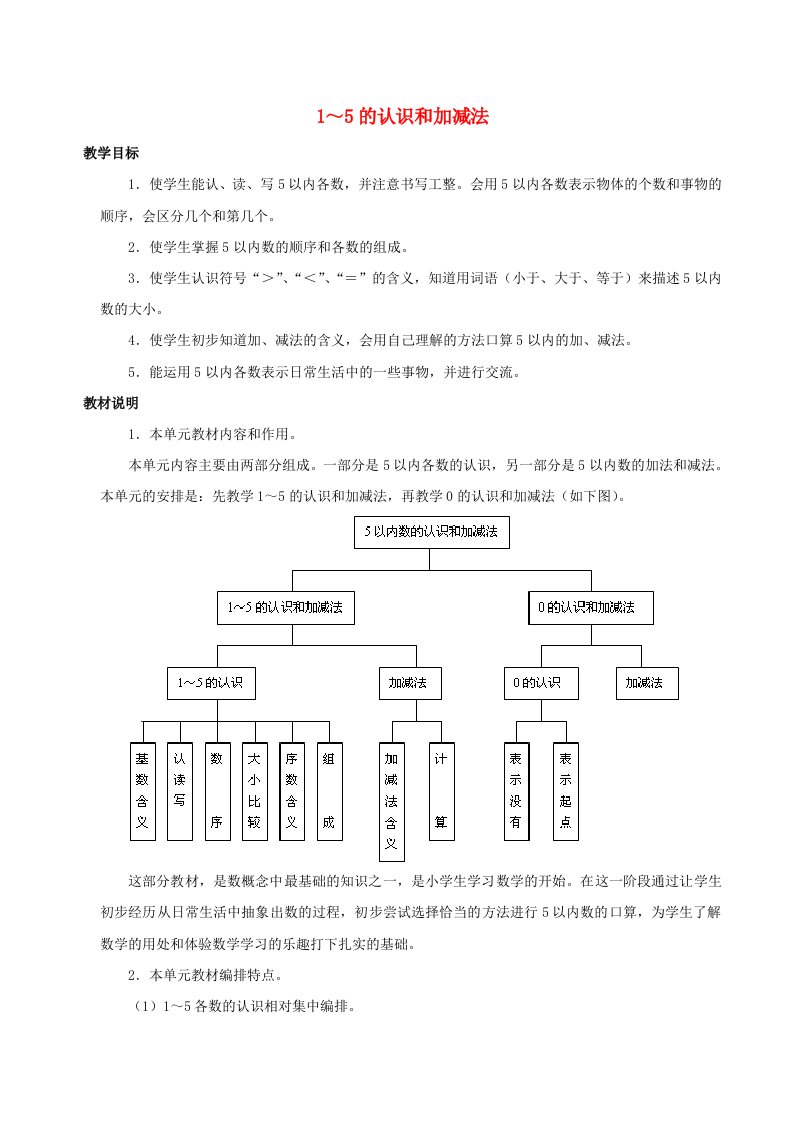 一年级数学上册第3单元1到5的认识和加减法单元分析新人教版