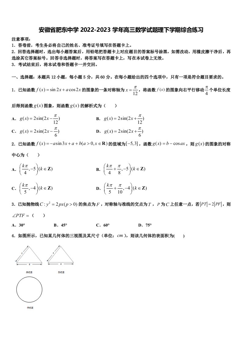 安徽省肥东中学2022-2023学年高三数学试题理下学期综合练习含解析