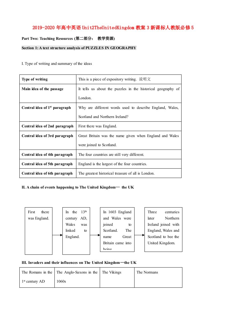 2019-2020年高中英语Unit2TheUnitedKingdom教案3新课标人教版必修5