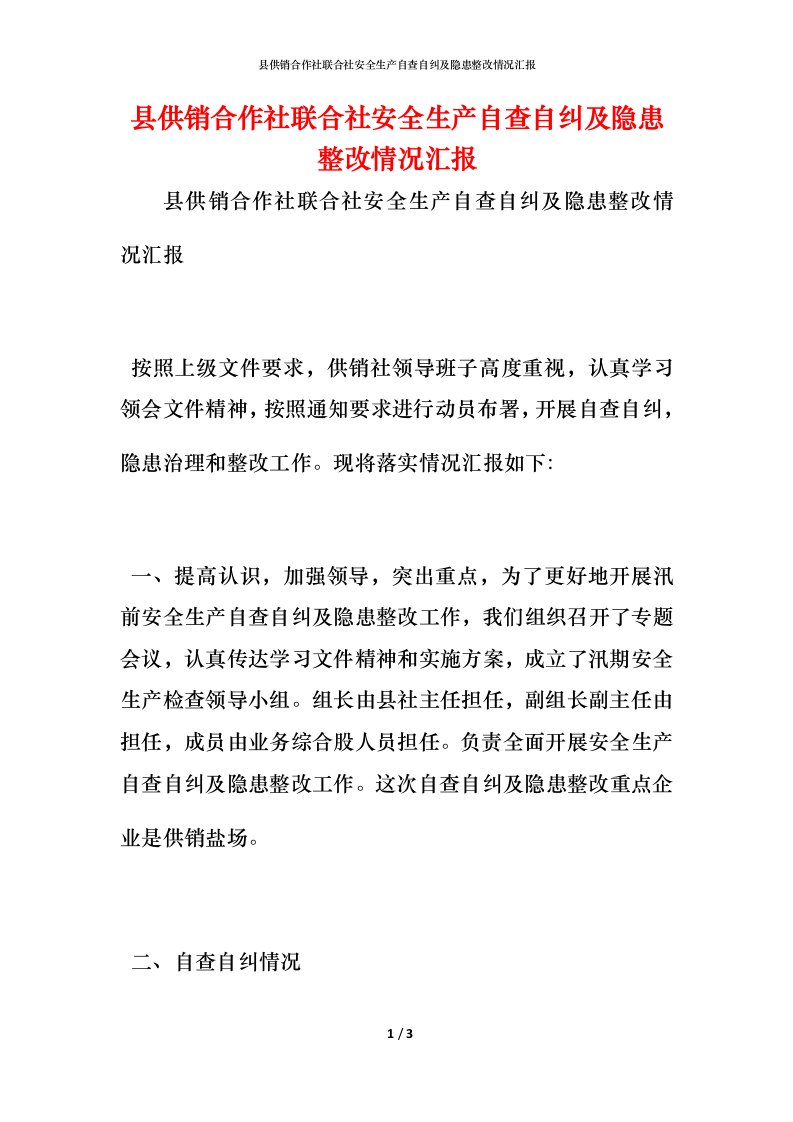 精编县供销合作社联合社安全生产自查自纠及隐患整改情况汇报