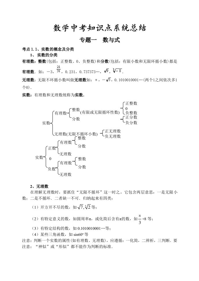 数学中考知识点系统总结