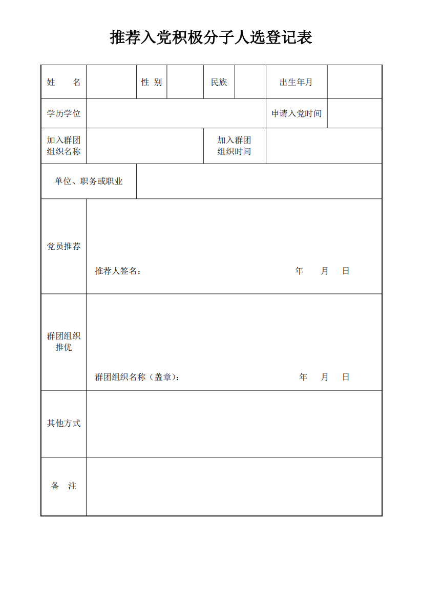 推荐入党积极分子人选登记表(模板)