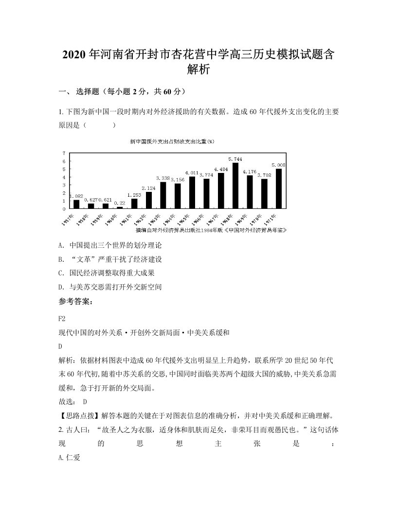 2020年河南省开封市杏花营中学高三历史模拟试题含解析