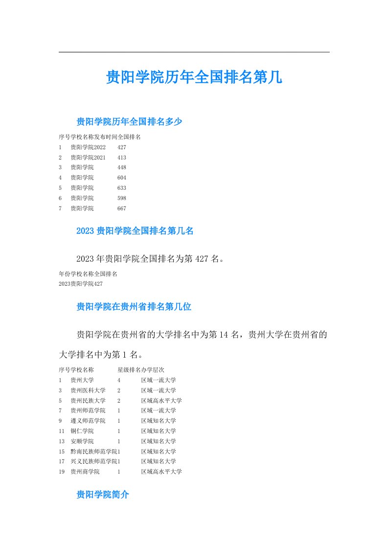 贵阳学院历年全国排名第几