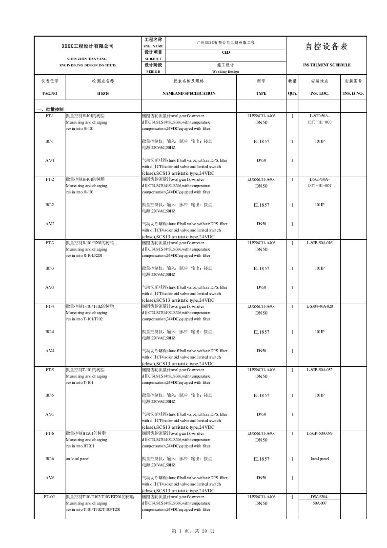 项目管理-XXXX项目施工图自控设备表