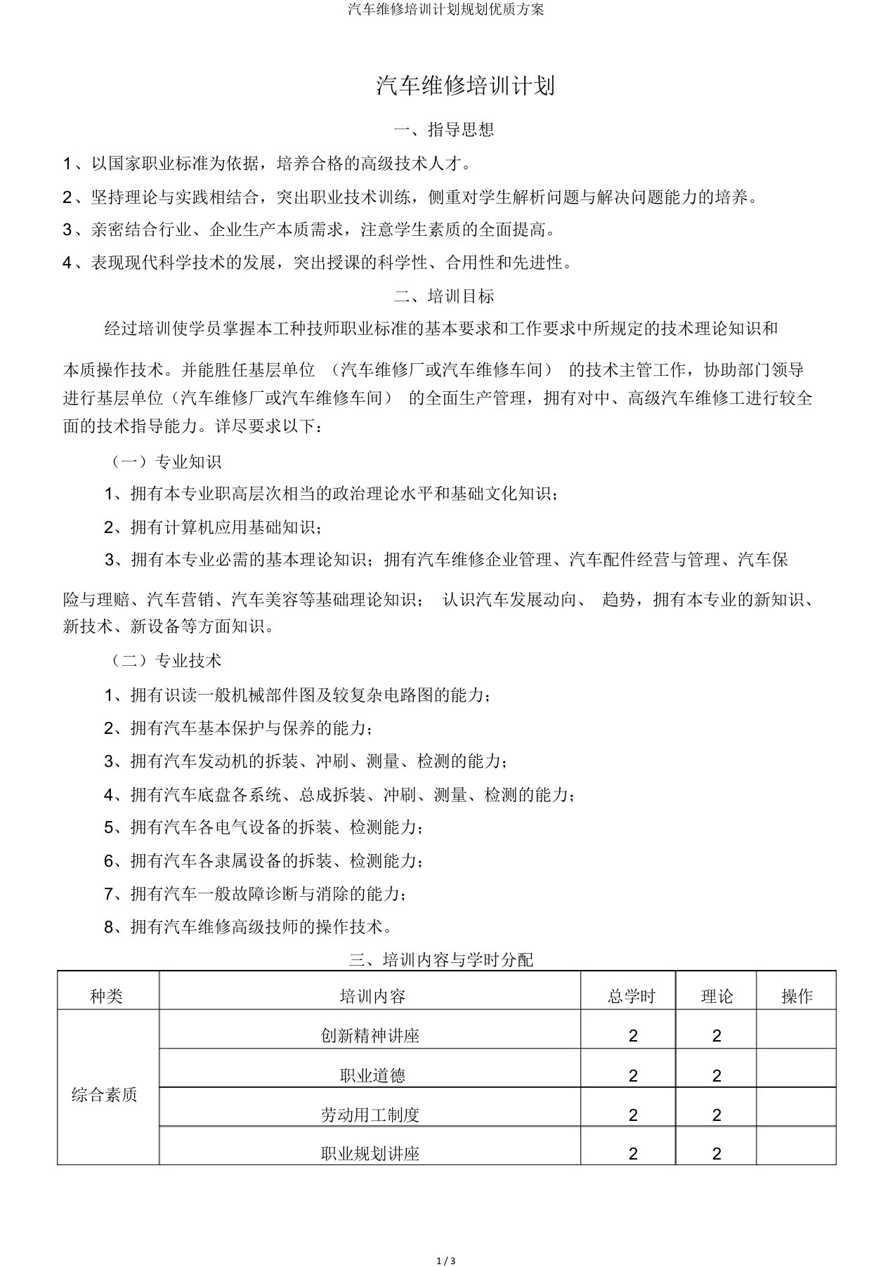 汽车维修培训计划规划优质方案