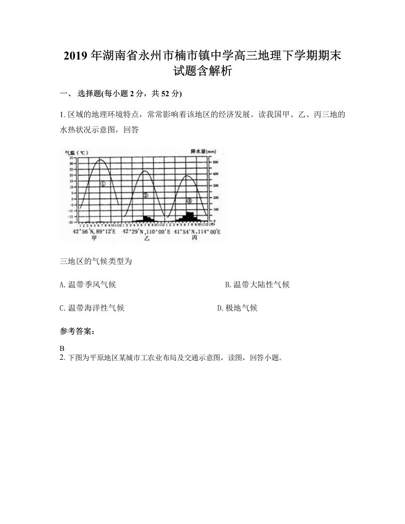 2019年湖南省永州市楠市镇中学高三地理下学期期末试题含解析