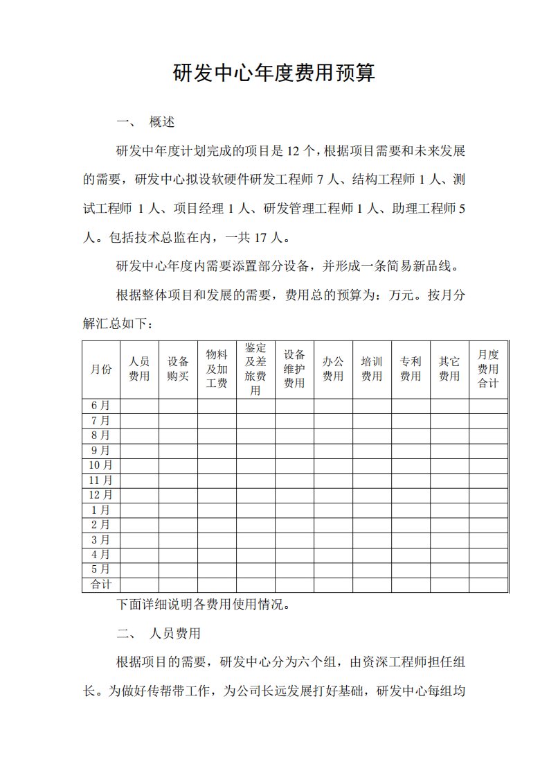 研发中心年度费用预算