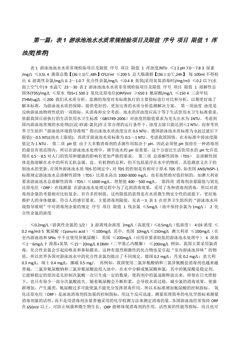 表1游泳池池水水质常规检验项目及限值序号项目限值1浑浊度[推荐][修改版]