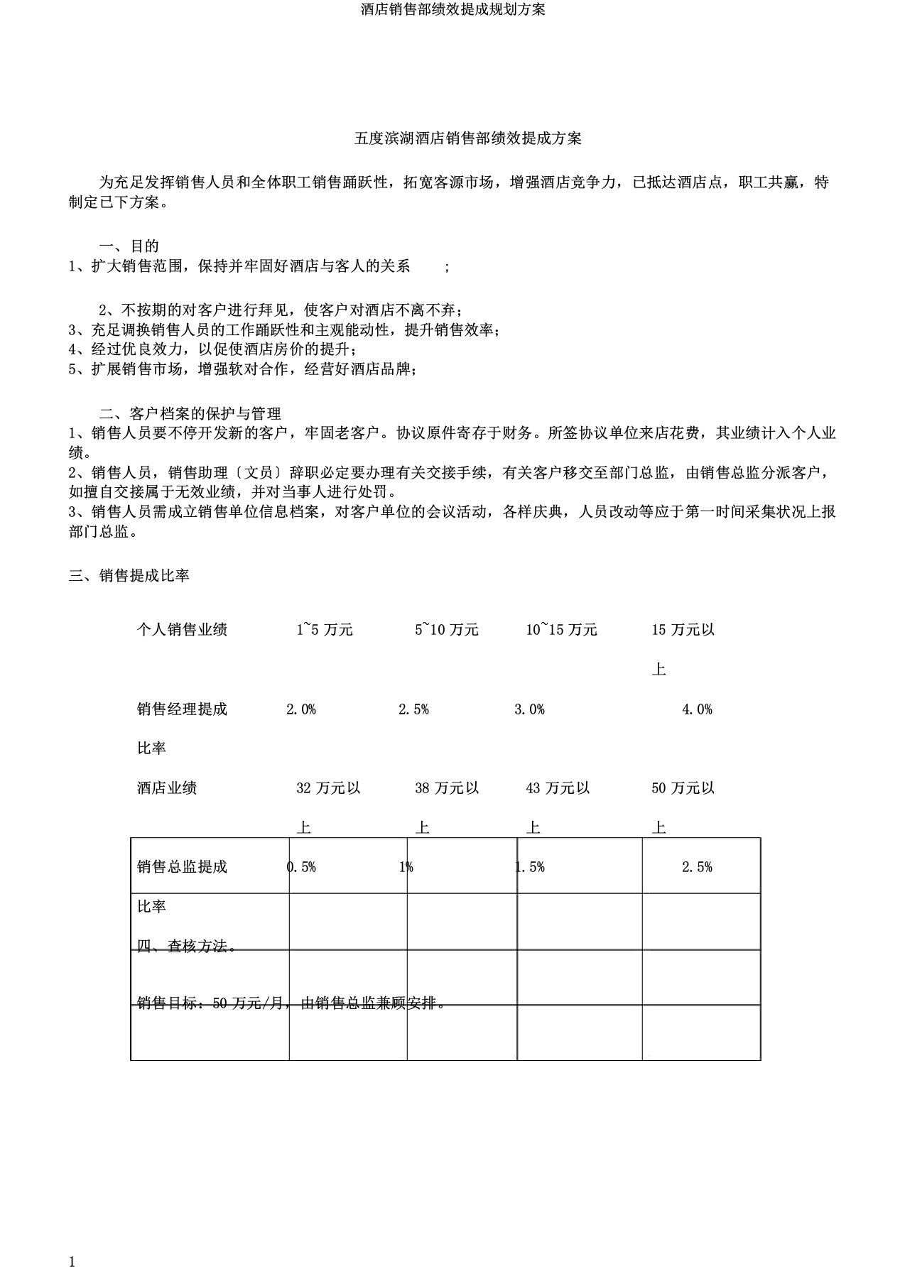 酒店销售部绩效提成规划方案