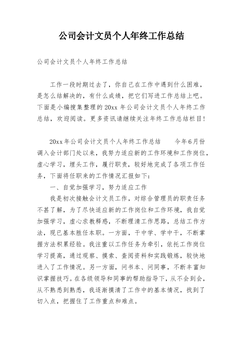 公司会计文员个人年终工作总结