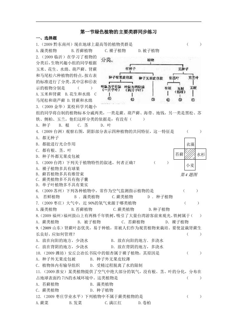 济南版生物七上第一节《绿色植物的主要类群》同步测试题