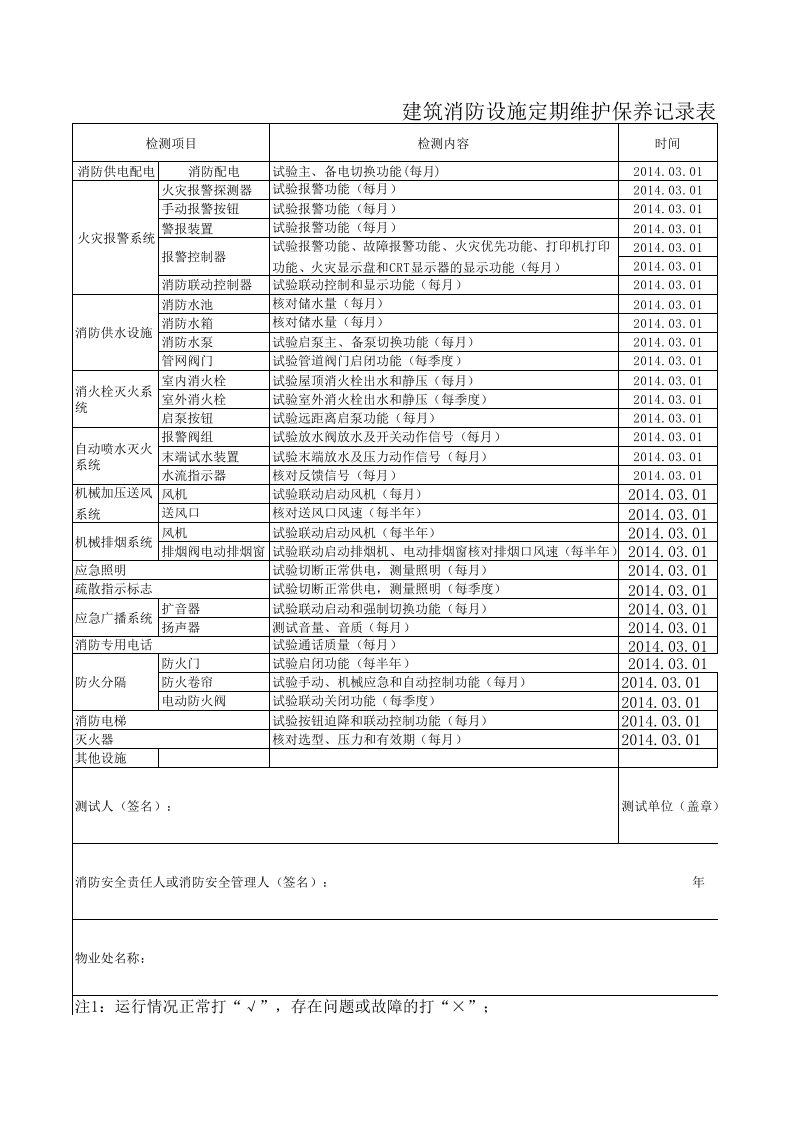 建筑消防设施定期维护保养记录表