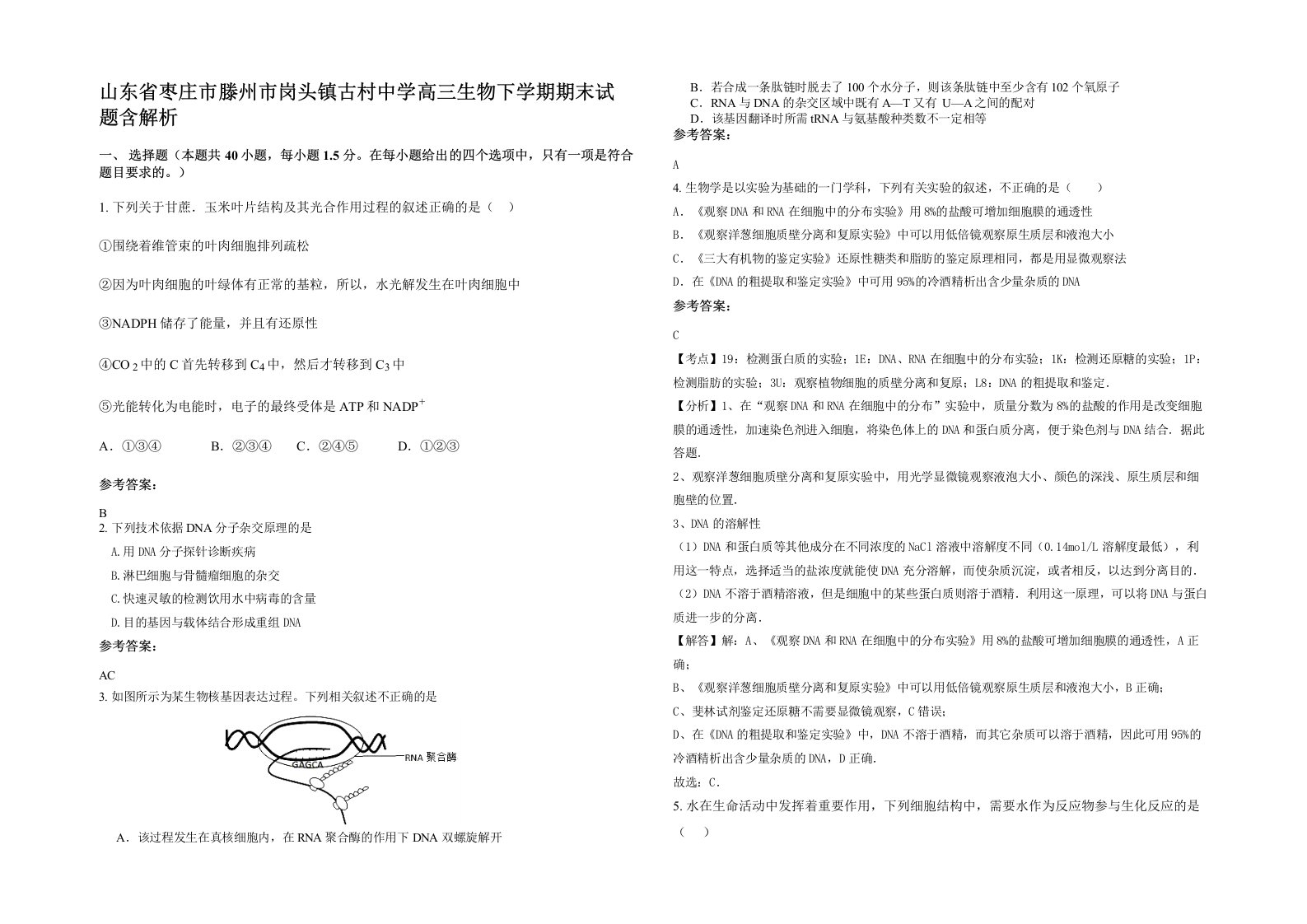 山东省枣庄市滕州市岗头镇古村中学高三生物下学期期末试题含解析