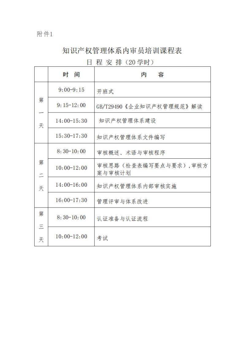 知识产权管理体系内审员培训课程表