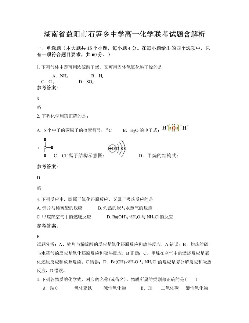 湖南省益阳市石笋乡中学高一化学联考试题含解析