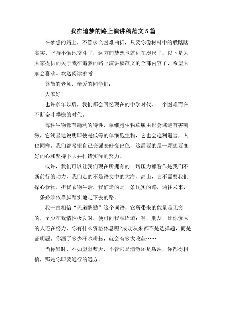 我在追梦的路上演讲稿范文5篇