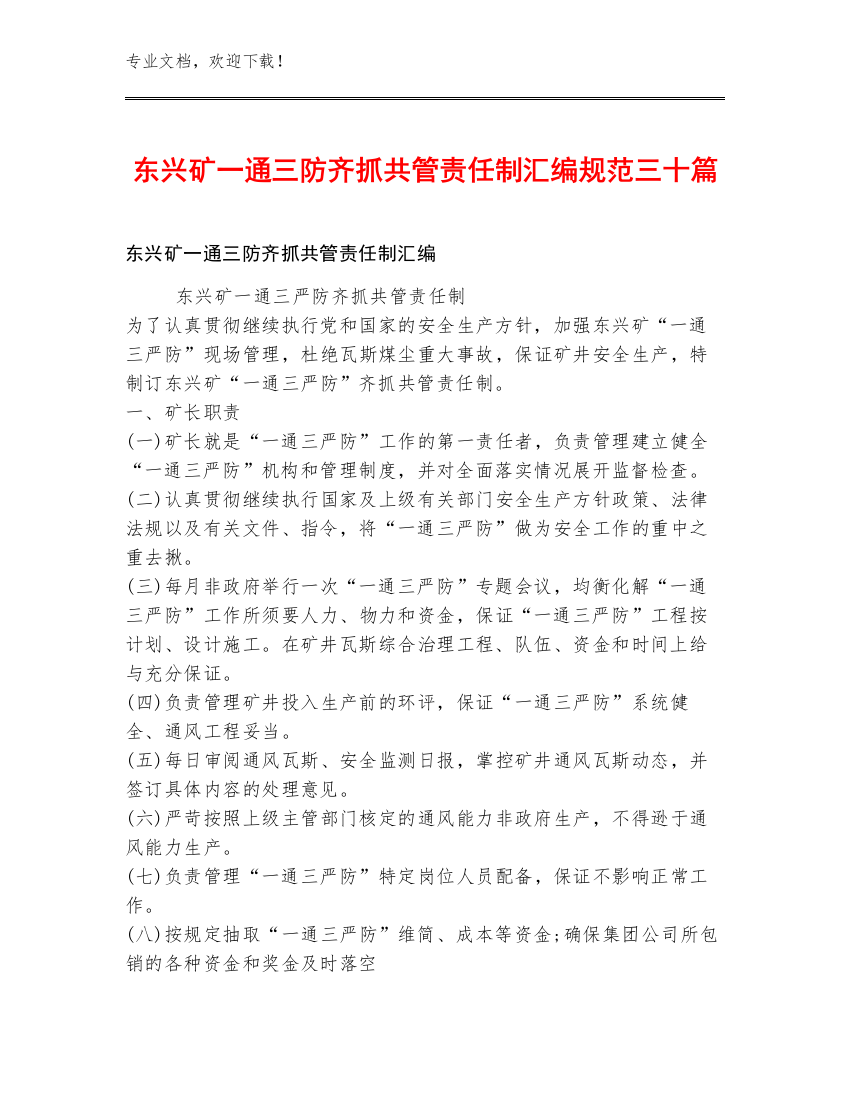 东兴矿一通三防齐抓共管责任制汇编规范三十篇