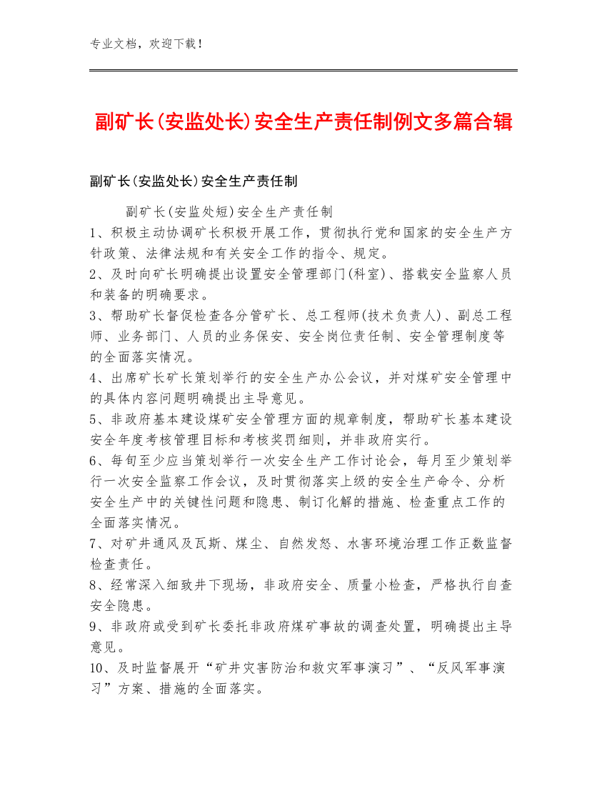 副矿长(安监处长)安全生产责任制例文多篇合辑