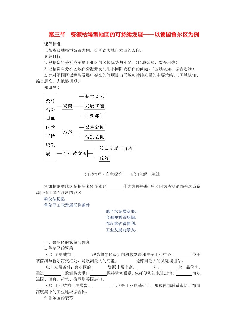 新教材2023版高中地理第二章区域发展第三节资源枯竭型地区的可持续发展__以德国鲁尔区为例学生用书湘教版选择性必修2