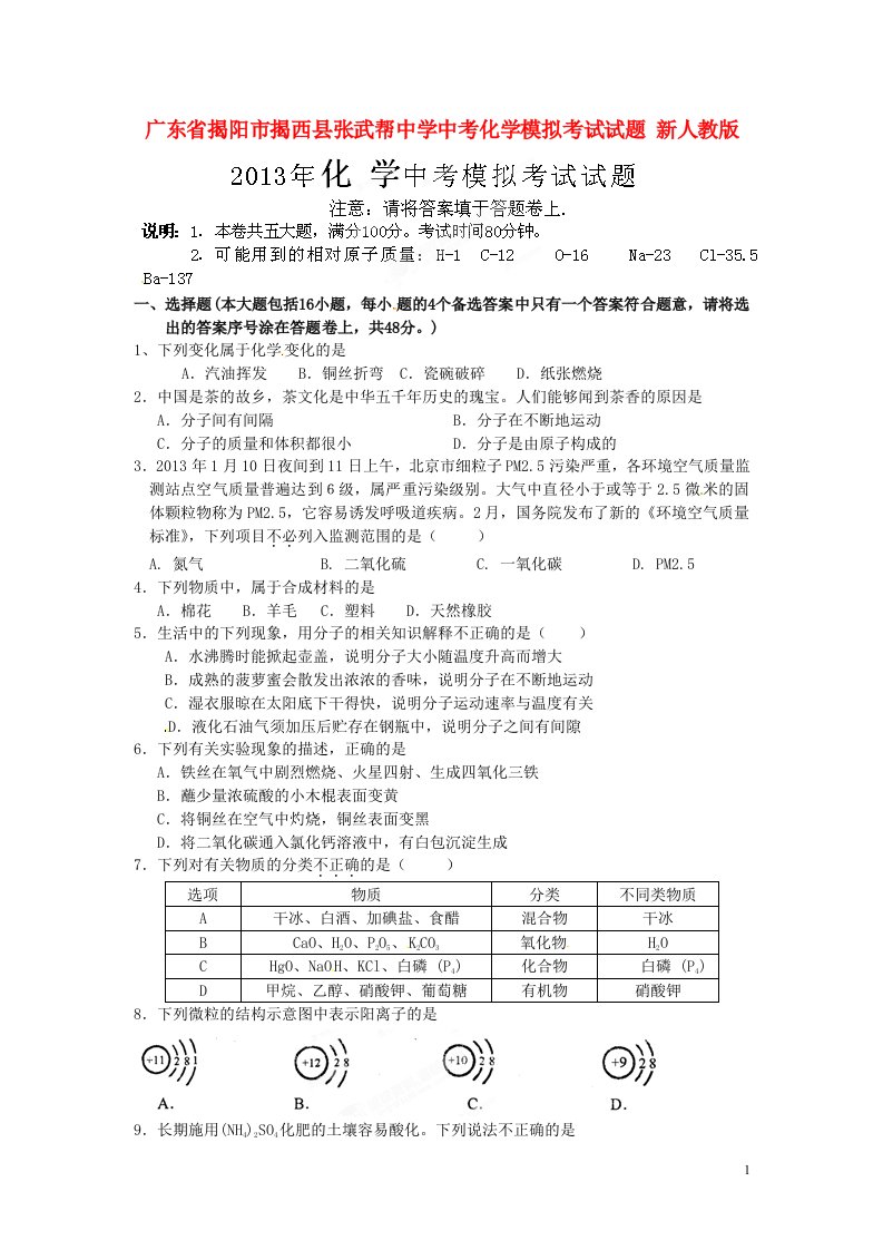 广东省揭阳市揭西县张武帮中学中考化学模拟考试试题