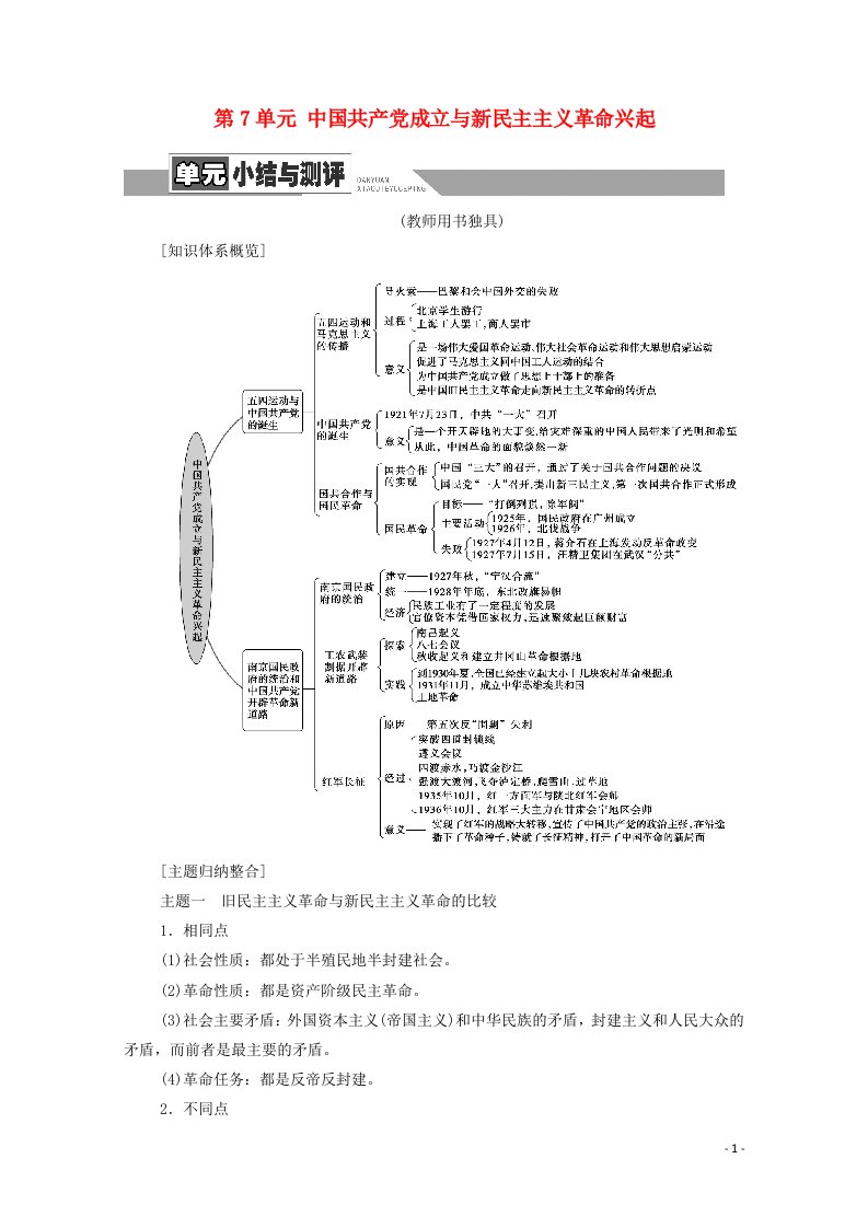 2020_2021学年新教材高中历史第7单元中国共产党成立与新民主主义革命兴起单元小结与测评同步教案新人教版必修中外历史纲要上