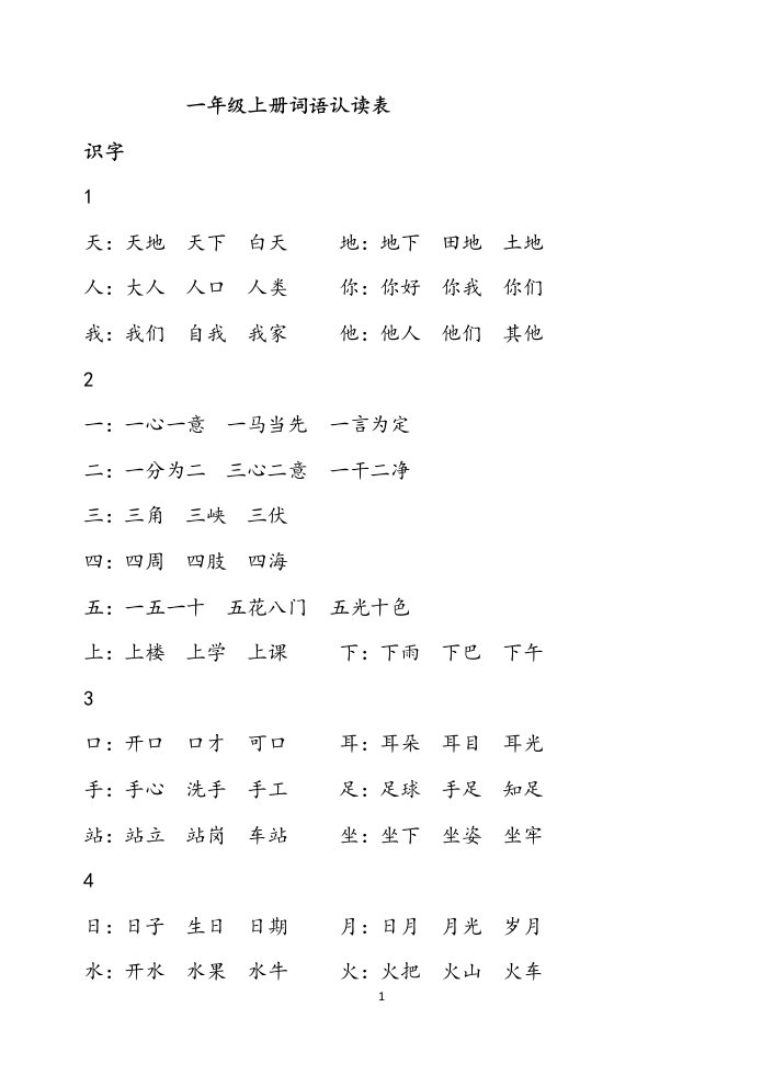 部编一年级语文上学期词语认读表