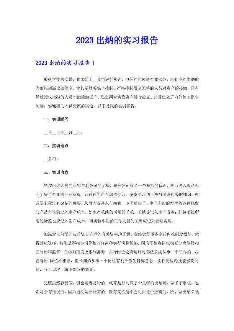 2023出纳的实习报告