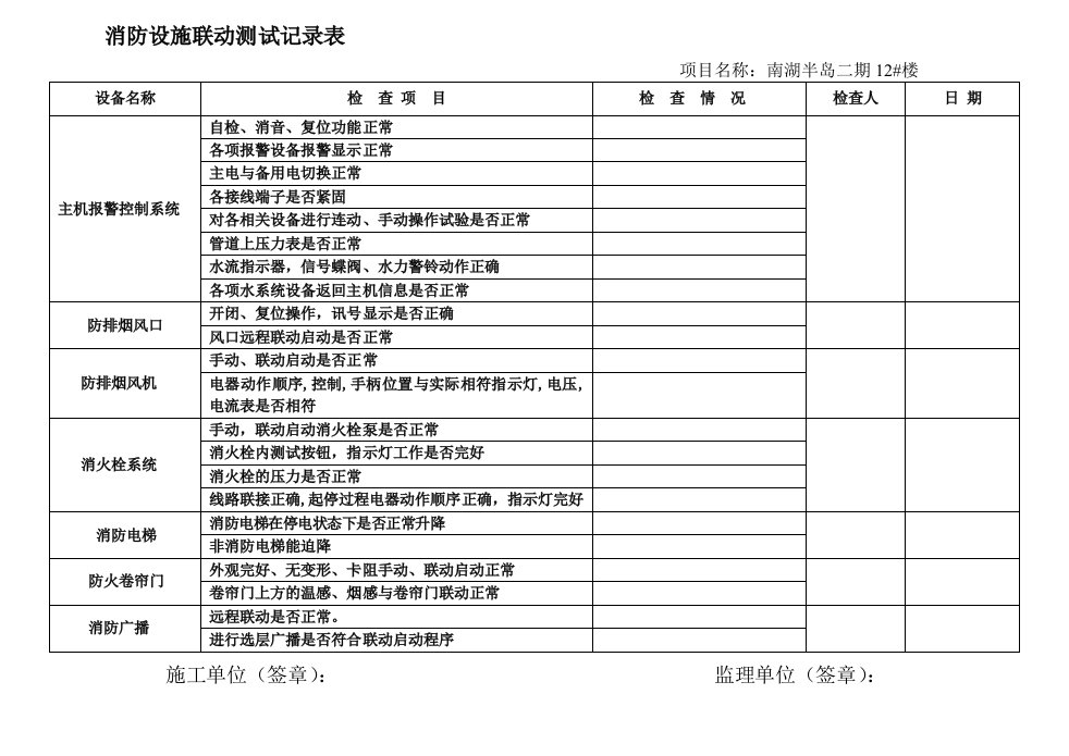 消防设施联动测试记录表