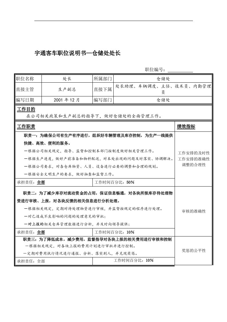 【管理精品】宇通客车职位说明书—仓储处处长