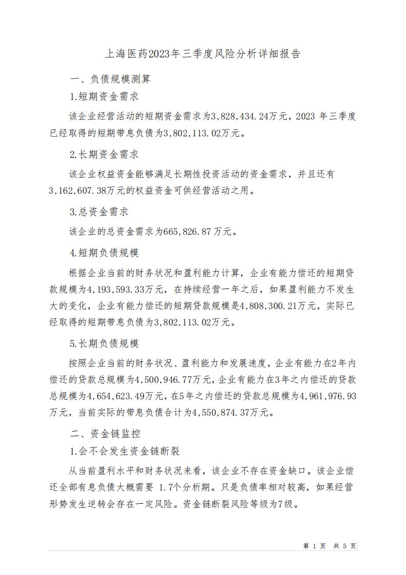 601607上海医药2023年三季度财务风险分析详细报告