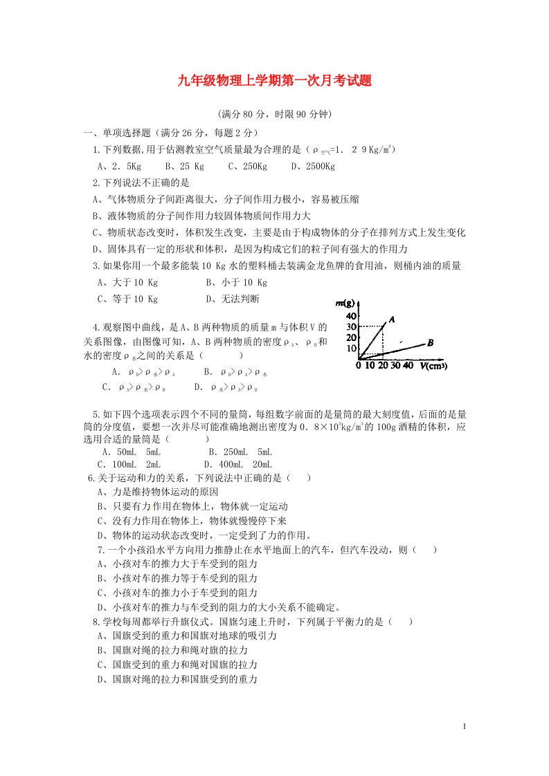 湖北省枝江市问安镇初级中学九级物理上学期第一次月考试题（无答案）