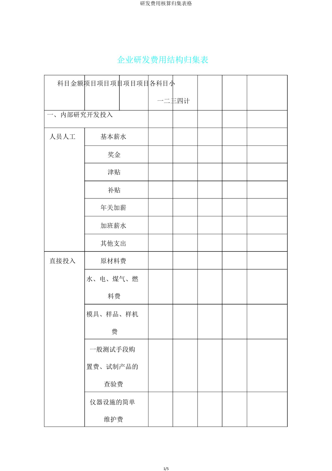 研发费用核算归集表格