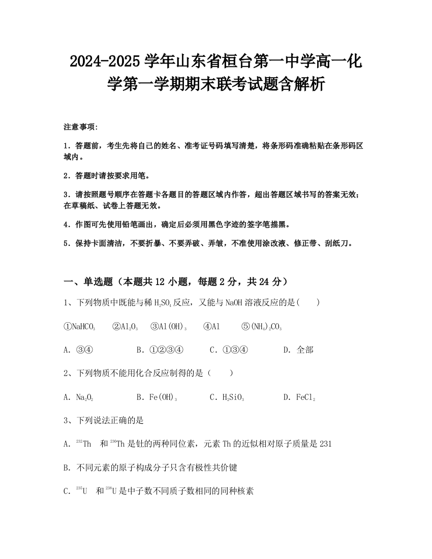 2024-2025学年山东省桓台第一中学高一化学第一学期期末联考试题含解析