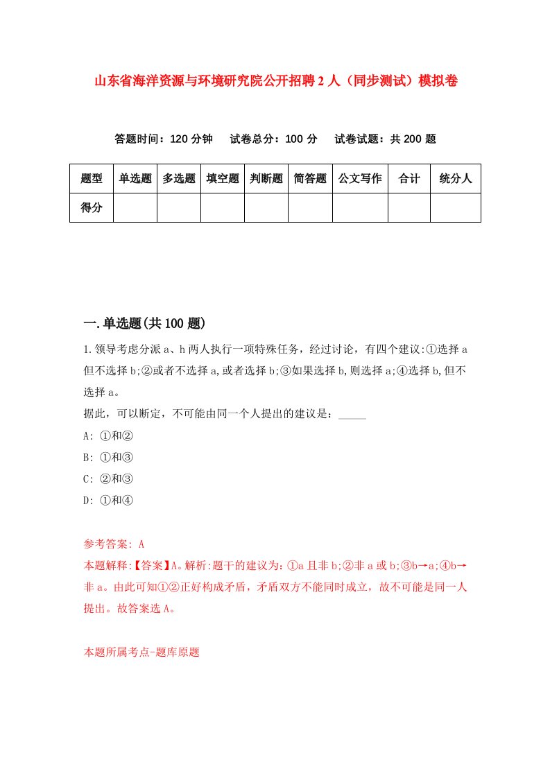 山东省海洋资源与环境研究院公开招聘2人同步测试模拟卷第62次