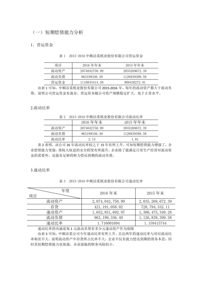 中顺洁柔偿债能力分析