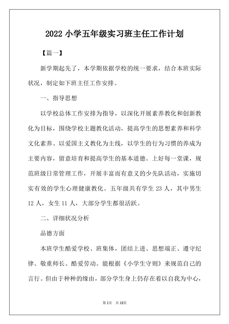 2022年小学五年级实习班主任工作计划