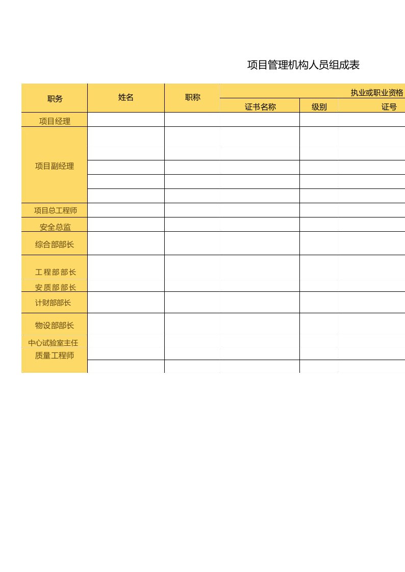 项目管理机构人员组成表-模板