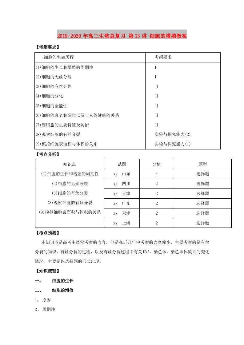 2019-2020年高三生物总复习