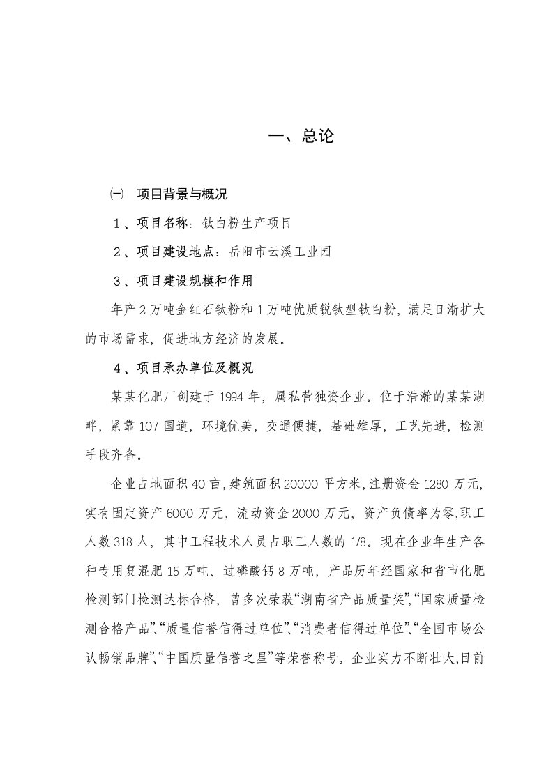 某某公司钛白粉生产项目可行性研究报告122页优秀甲级资质可研报告