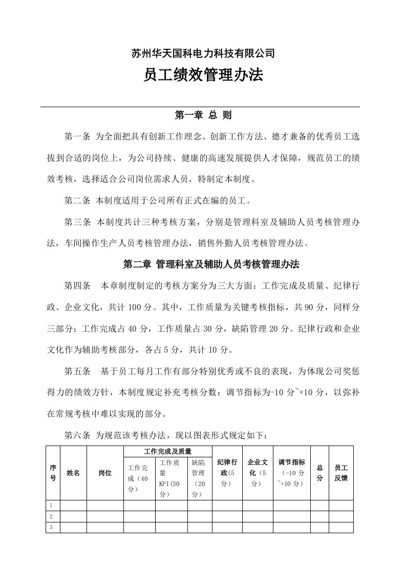 电力科技公司员工绩效管理办法