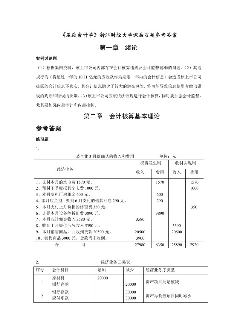 基础会计学浙江财经大学课后习题答案