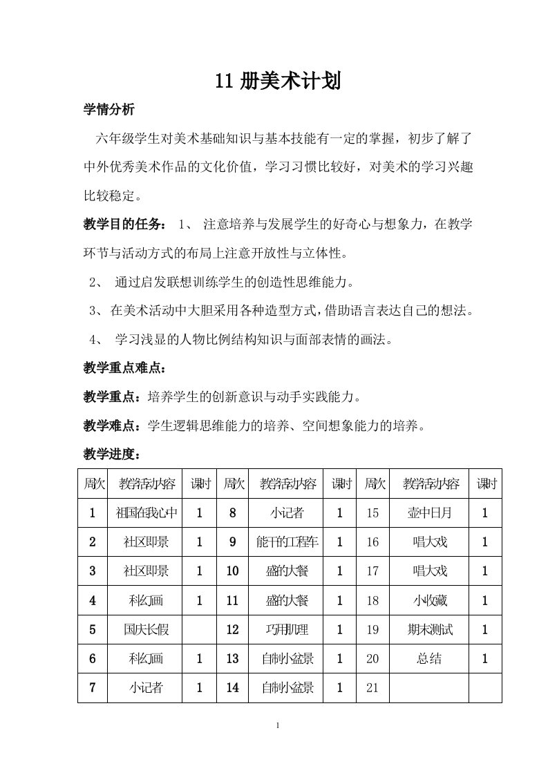 11册美术计划和详案六年级学生对美术基础知识与基本技能有一定掌握