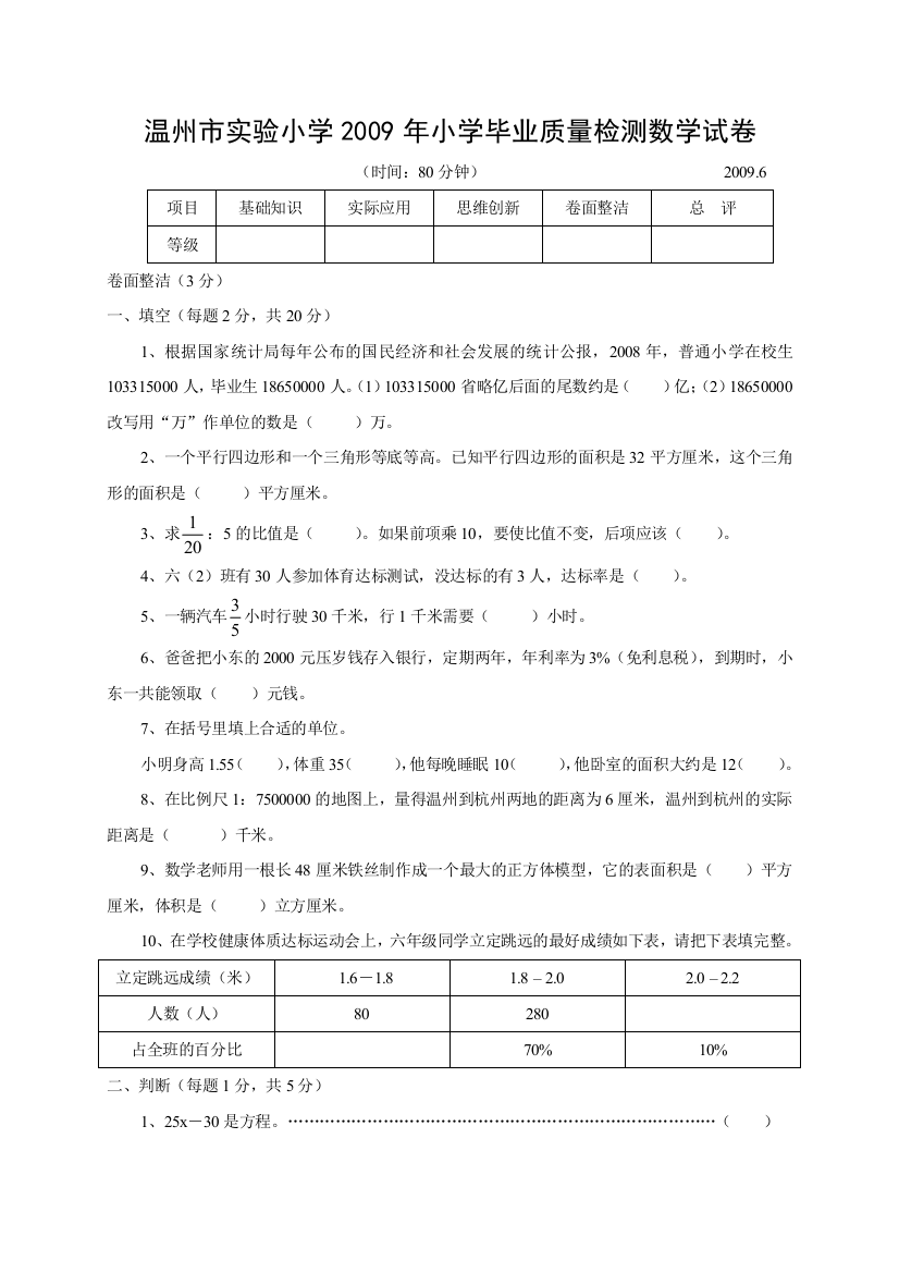 【小学中学教育精选】温州市实验小学小学毕业质量检测数学试卷