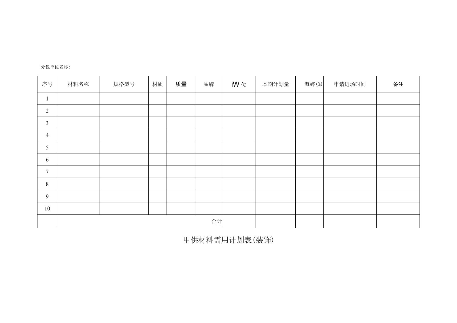 甲供材料需用计划表（模板）