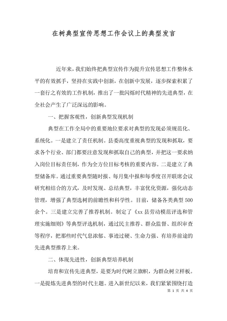 在树典型宣传思想工作会议上的典型发言（一）